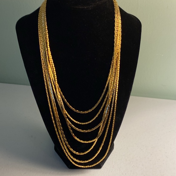 Vintage Nolan Miller 7 Strand Gold Tone Necklace with Rhinestone Clasp - Picture 4 of 6